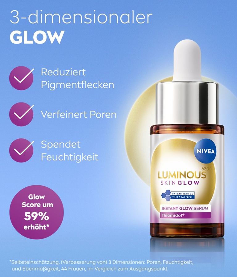 A bottle of NIVEA LUMINOUS630® Skin Glow Instant Glow Serum 15ml against a pale yellow circle and light blue background.