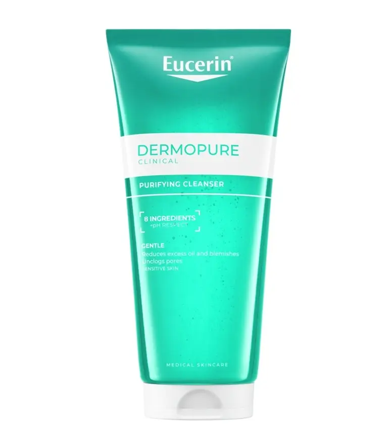 Eucerin DermoPure Clinical Purifying Cleanser tube on a white background