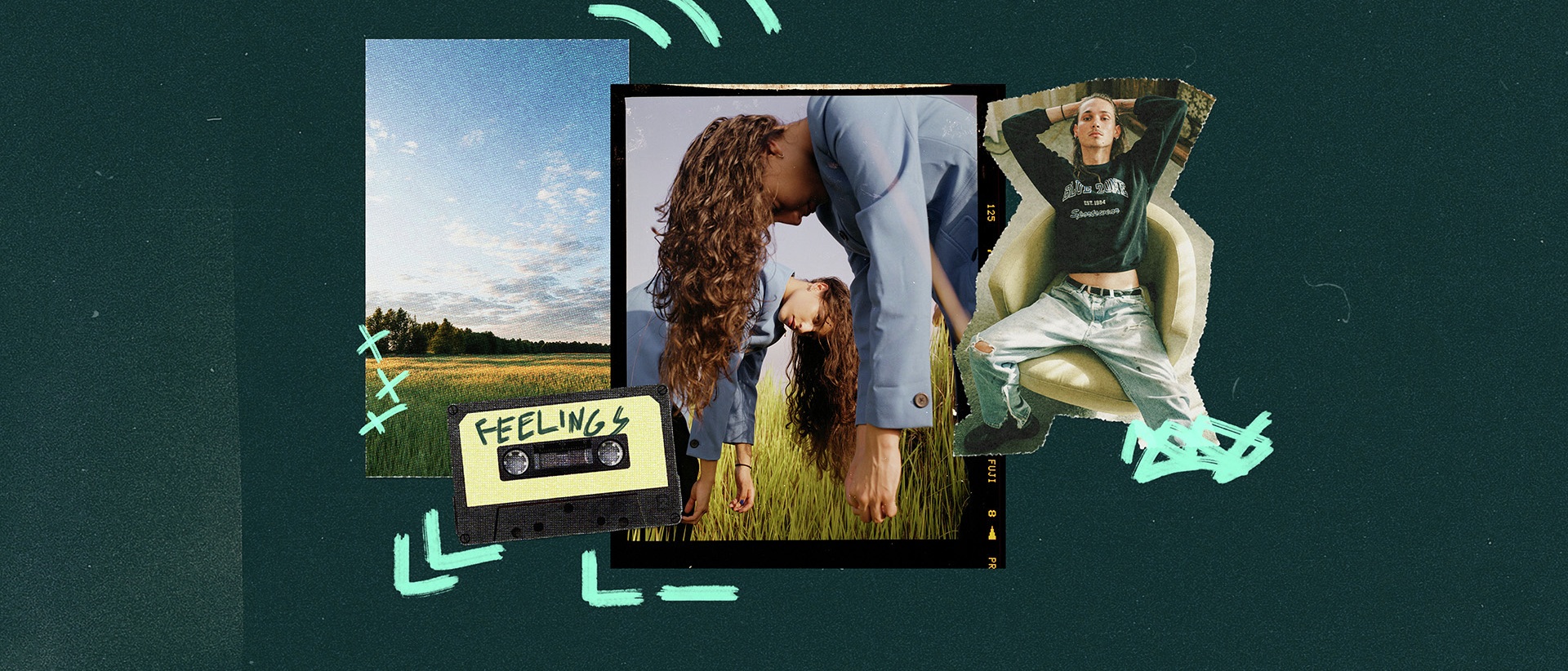 Kreative Collage zum Thema emotionale Balance mit dem Titel ‚FEELINGS‘. Gezeigt werden Porträts von Entspannung in der Natur und introspektiver Haltung, stilisiert mit einer Kassette und grafischen Elementen.