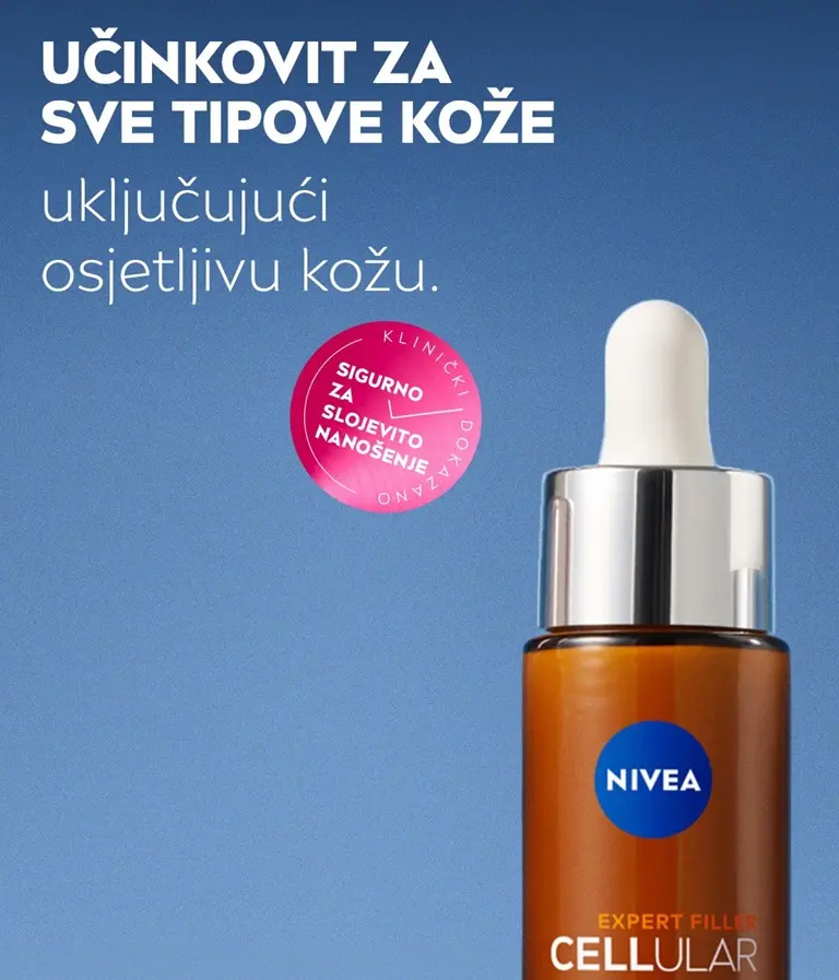 Amber dropper bottle of NIVEA Expert Filler Cellular serum beside text for all skin types, including sensitive skin
