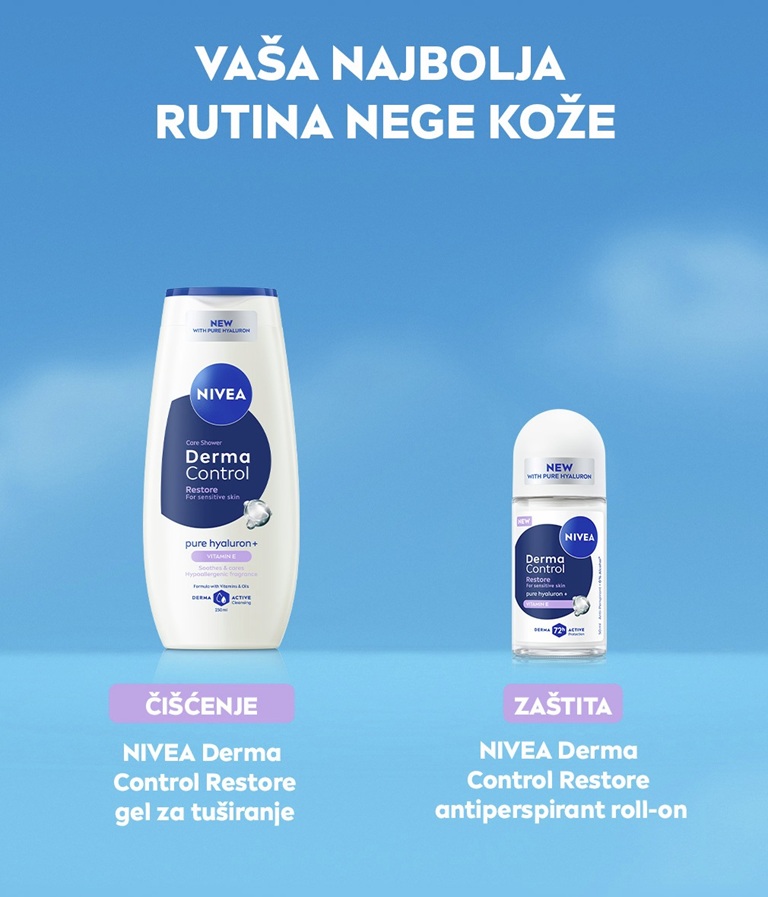 A blurred young woman smiles, with her hand in focus holding up the NIVEA Derma Control Restore Deo Roll-On.