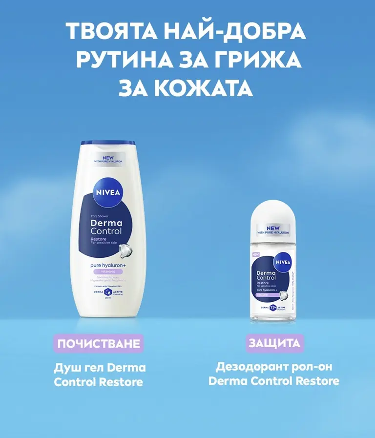 A hand holds up the NIVEA Derma Control Restore Deo Roll-On against a sky background, with list of benefits.
