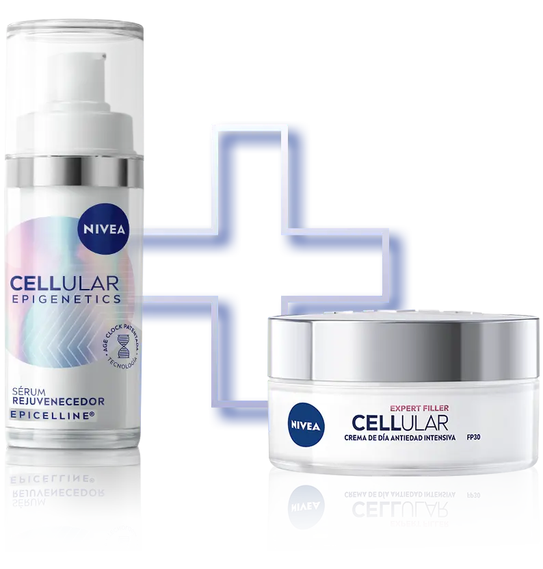 Se muestran dos productos NIVEA CELLULAR uno al lado del otro: un frasco de sérum Epigenetics y un tarro de Crema de Día.