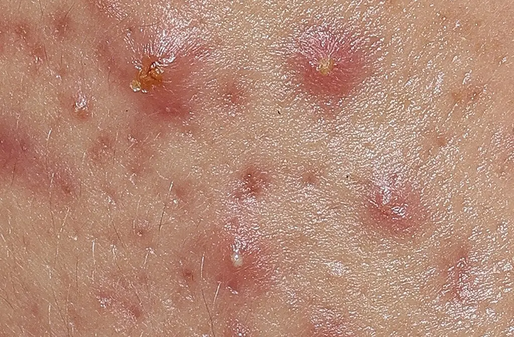 Close-up of inflamed acne blemishes on skin before using the Eucerin Probiom8 Kit