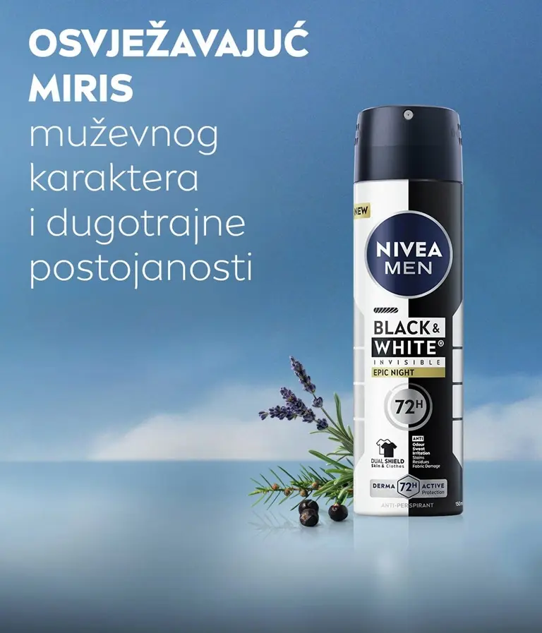 Black and white can of NIVEA Men Black & White Invisible Epic Night 72h antiperspirant, with herbs and berries