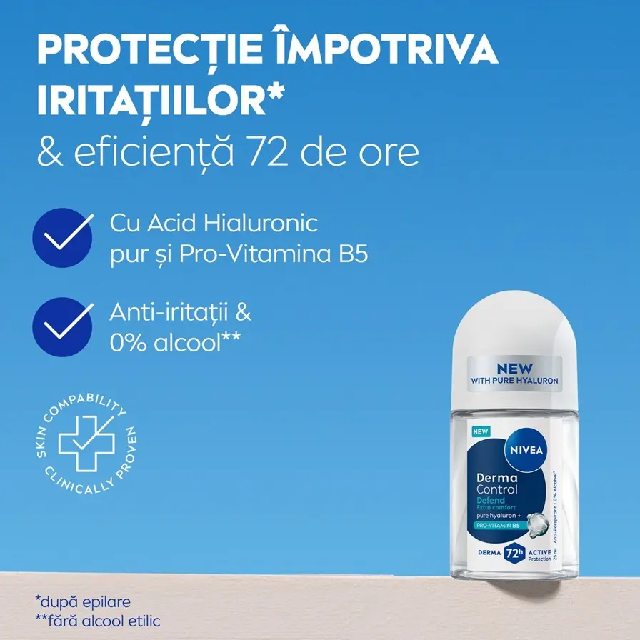 "A blurred young woman smiles, with her hand in focus holding up the NIVEA Derma Control Defend Deo Roll-On. "