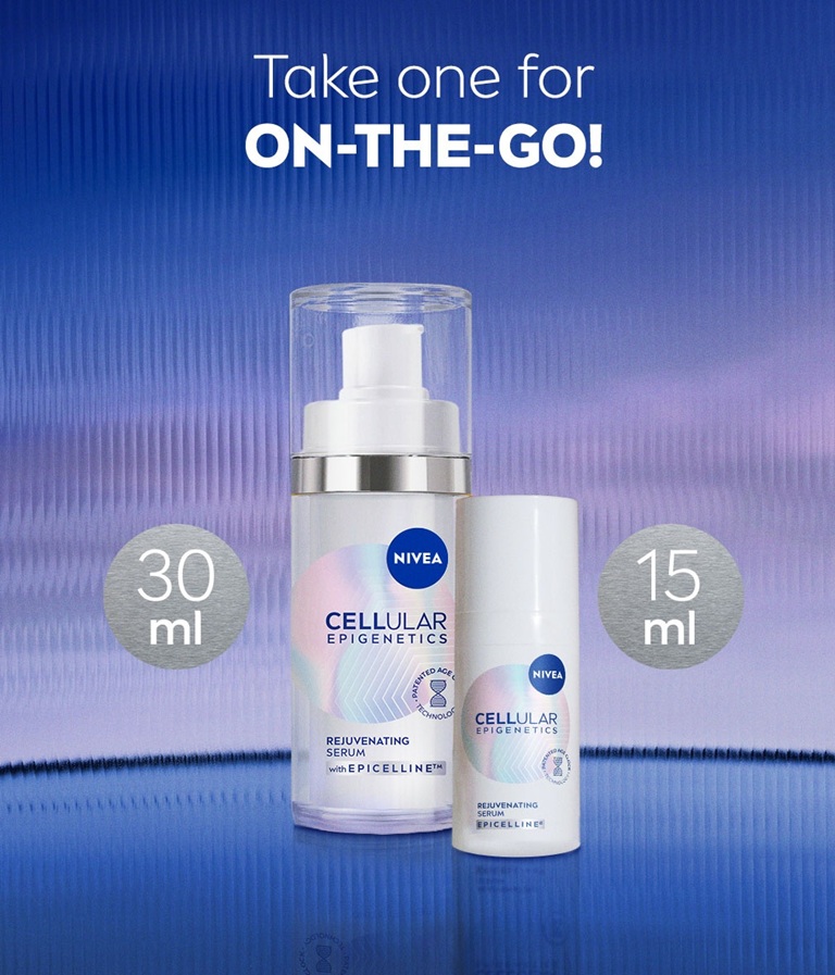 Two products stand side by side with the icons 30 ml and 15ml, featured under the text, "Take one for on-the-go!"