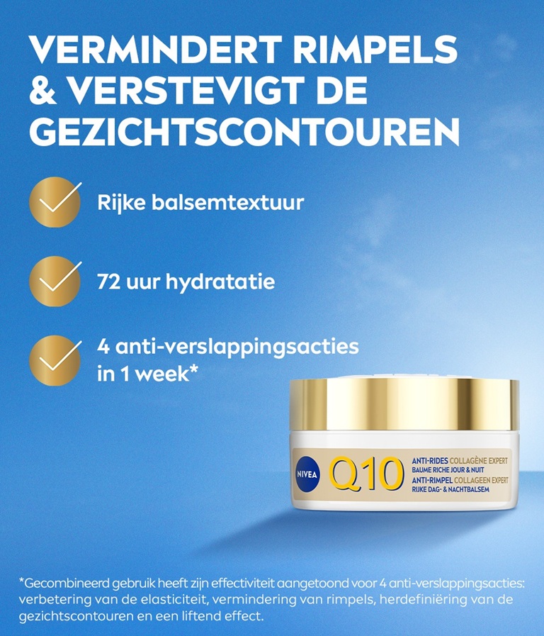 NIVEA Q10 Anti-Rimpel Collagen Expert Dag & NachtBalsem tegen een luchtachtergrond, met een lijst van voordelen.