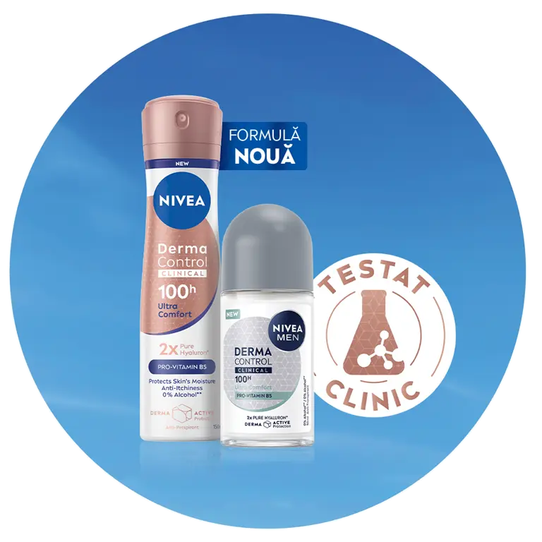 NIVEA Derma Control deodorant bottle shown with the word ‘Finally’ and a bright sky background.