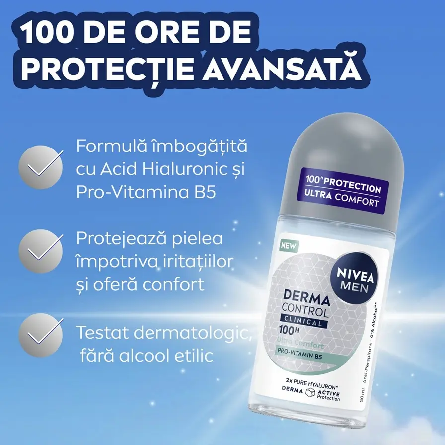 NIVEA Derma Control Clinical Ultra Comfort Roll-On highlighting 100H protection, Pure Hyaluron, Pro-Vitamin B5, anti-itchiness and 0% alcohol.