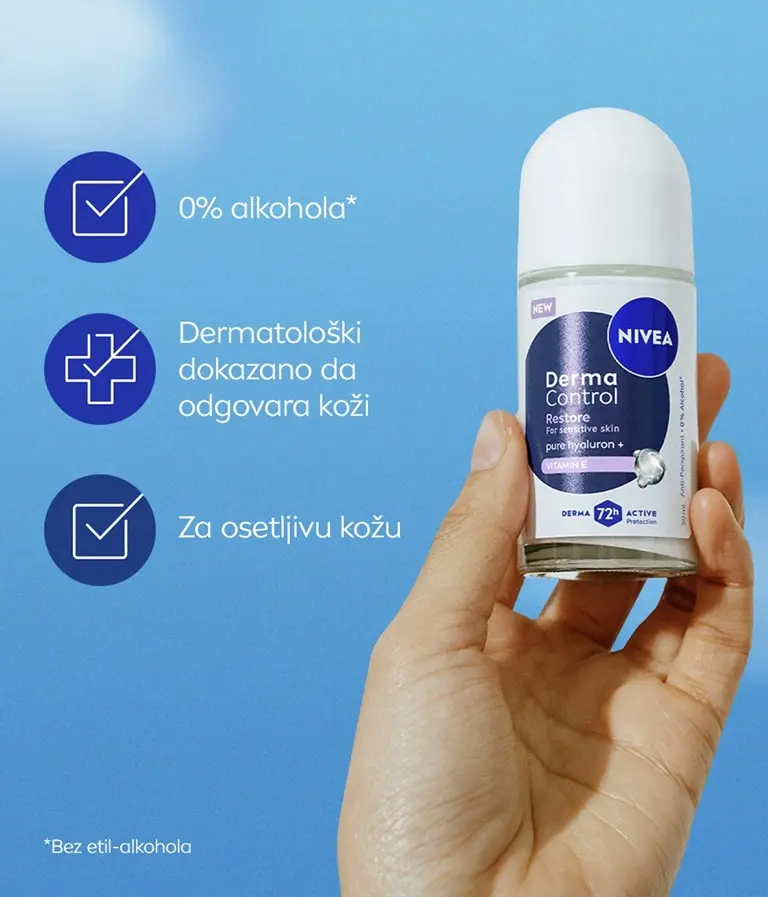 A blurred young woman smiles, with her hand in focus holding up the NIVEA Derma Control Restore Deo Roll-On.