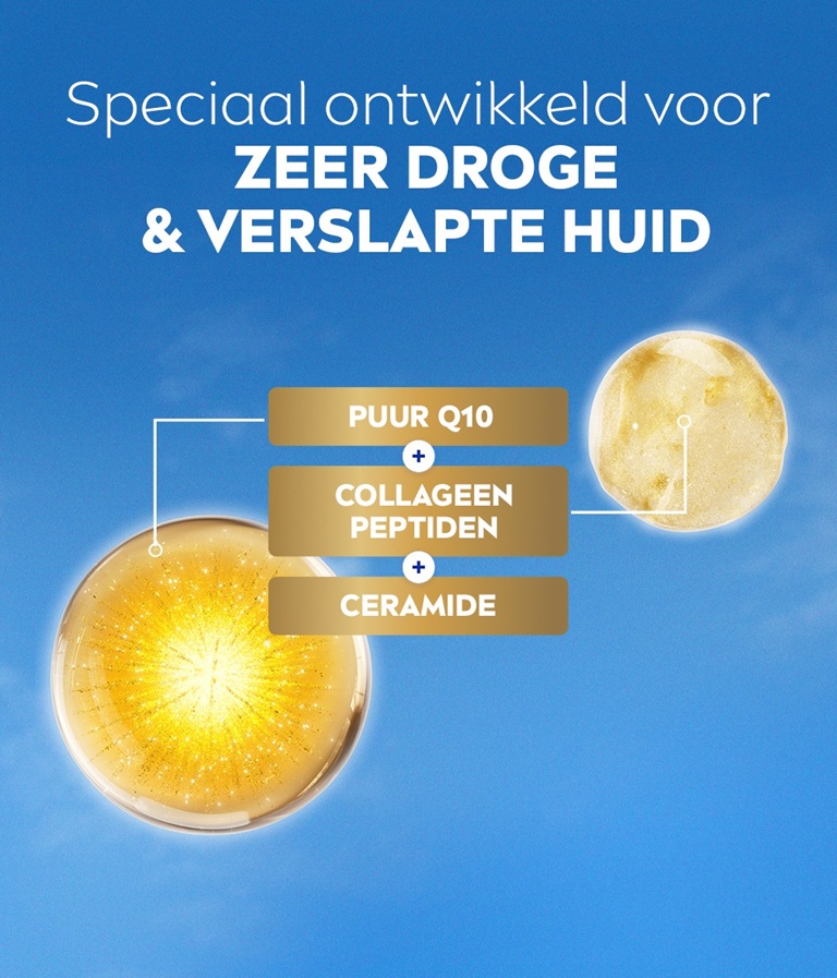 Heldergouden ingrediëntmoleculen die puur Q10, collageenpeptiden en ceramide voorstellen, met ingrediëntlabels.