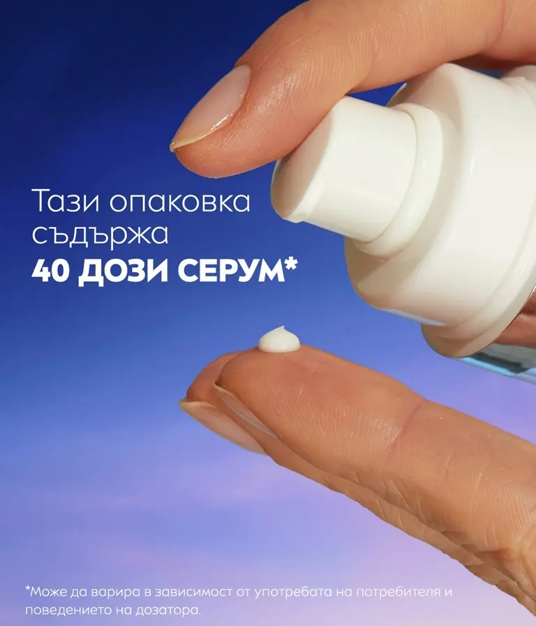 A set of fingers pump and collect a creamy product serum next to the text, "This bottle contain 40 applications of serum".