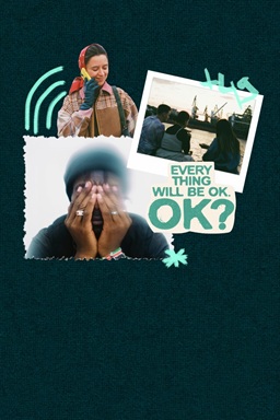 Kreative Illustration zum Thema Hoffnung und emotionale Unterstützung mit dem Titel ‚EVERYTHING WILL BE OK.‘. Szenen von Kommunikation, Gemeinschaft und introspektiven Momenten stehen für Kraft und Bewältigung.
