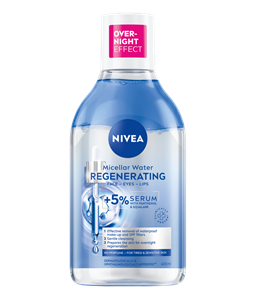 NIVEA Regenerating Serum-Infused
Micellar Water against a sky blue background