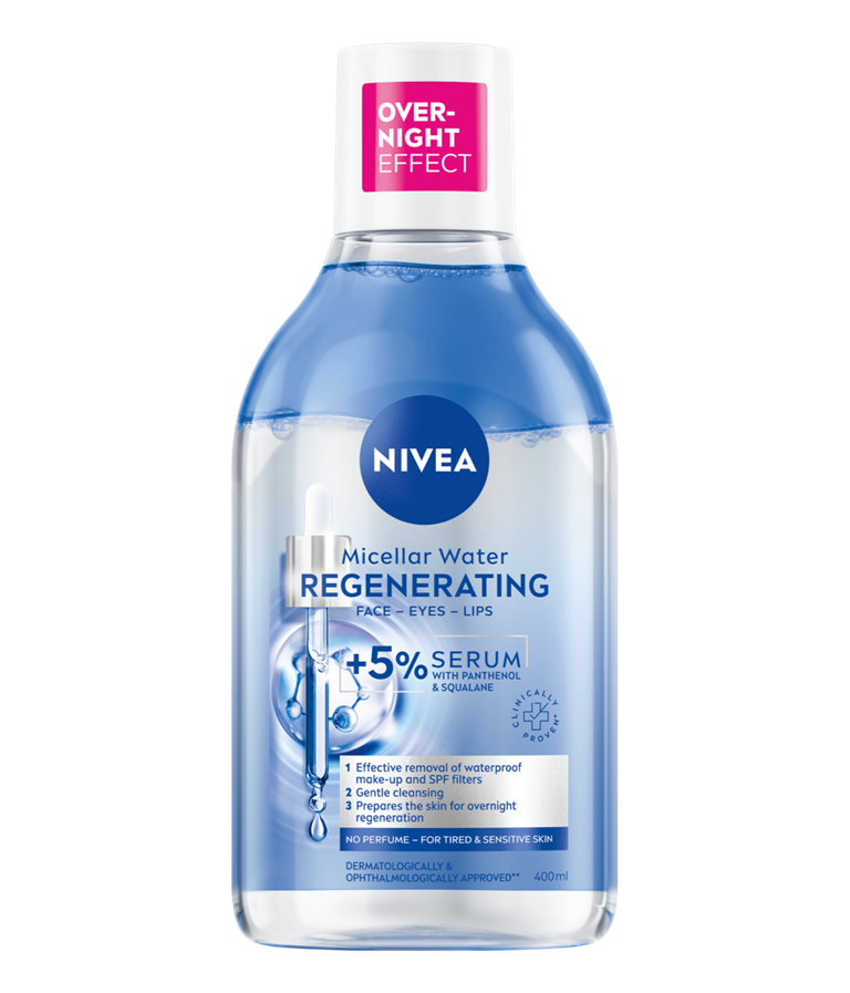 NIVEA Regenerating Serum-Infused
Micellar Water against a sky blue background