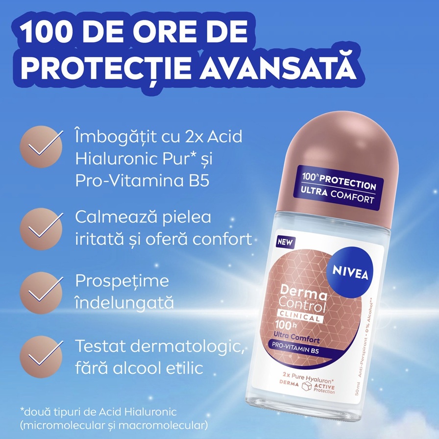 NIVEA Derma Control Clinical Ultra Comfort Roll-On highlighting 100H protection, Pure Hyaluron, Pro-Vitamin B5, anti-itchiness and 0% alcohol.