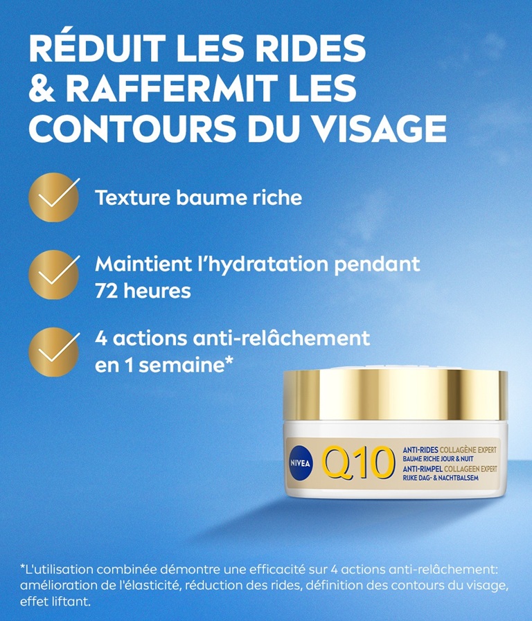 Baume Visage Jour & Nuit NIVEA Q10 Anti-Rides Collagen Expert sur fond de ciel, avec une liste de bénéfices.