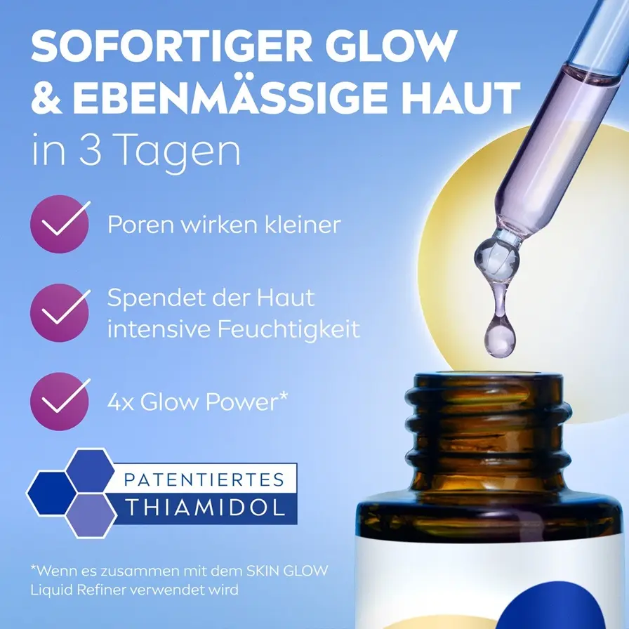 A close-up of the NIVEA LUMINOUS630® Skin Glow Instant Glow Serum, with the dropper hovering above the bottle with a single serum droplet hanging off.