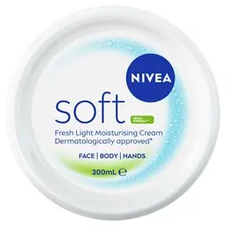 Round white 300 ml tub of NIVEA Soft moisturizing cream for face, body and hands, viewed from above