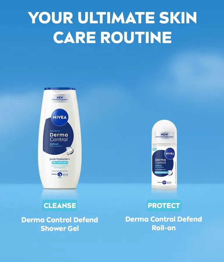 NIVEA Derma Control Defend Care Shower Gel and NIVEA Derma Control Defend Deo Roll-On, with text on skin care routine.