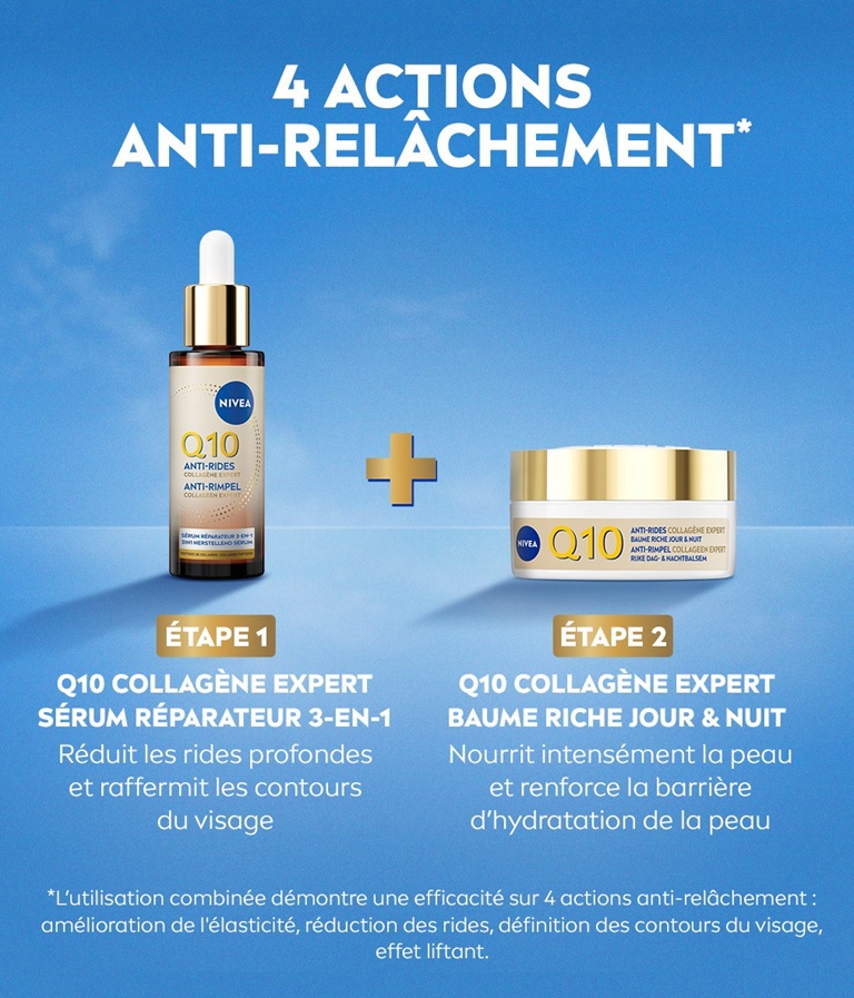 Sérum réparateur 3-en-1 NIVEA Q10 Anti-Rides Collagen Expert ; Baume riche visage Jour & Nuit Q10 Anti-Rides Collagen Expert.