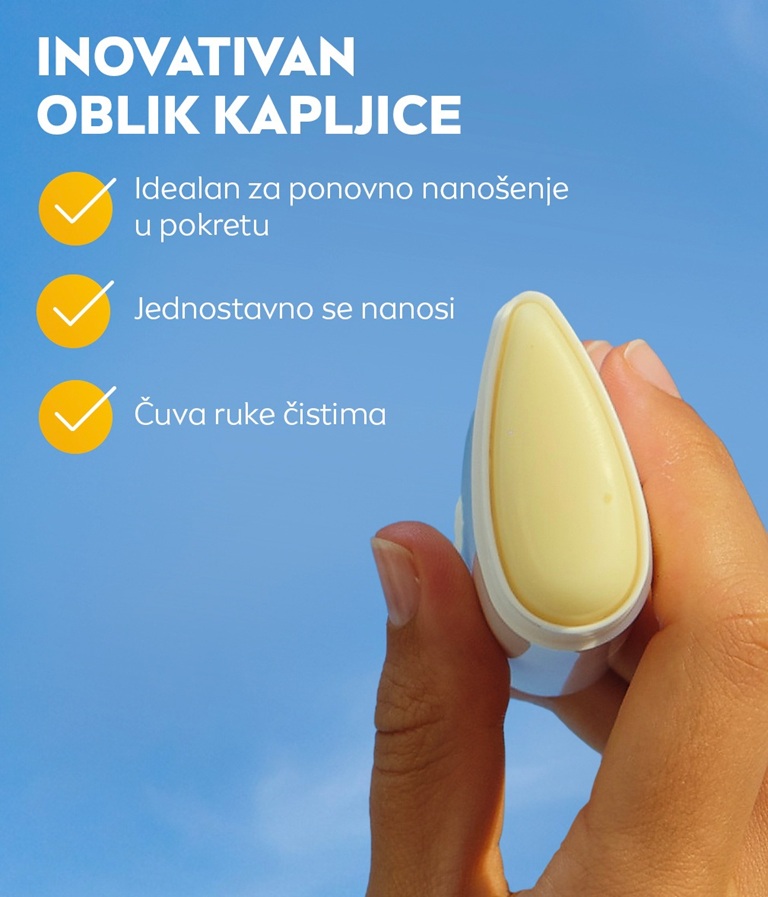 Gornji prikaz ruke koja drži NIVEA SUN Breathable UV Specialist Silky UV stick SPF 50+ oblikovan kao kapljica.