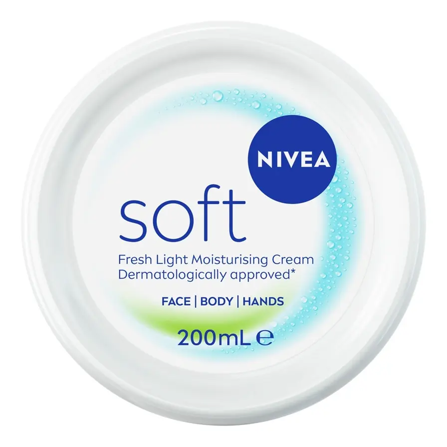 Round white 200 ml tub of NIVEA Soft moisturizing cream for face, body and hands, viewed from above