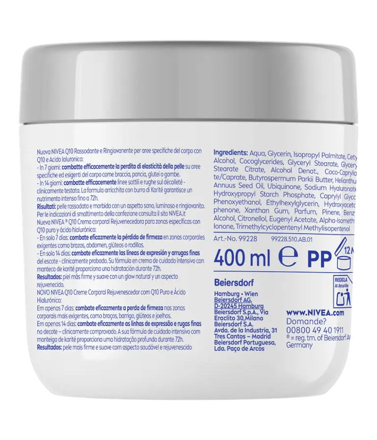 NIVEA; NIVEA BODY; NBODY; Q10; HIALURÓNICO; REAFIRMANTE; KARITÉ; 400ML