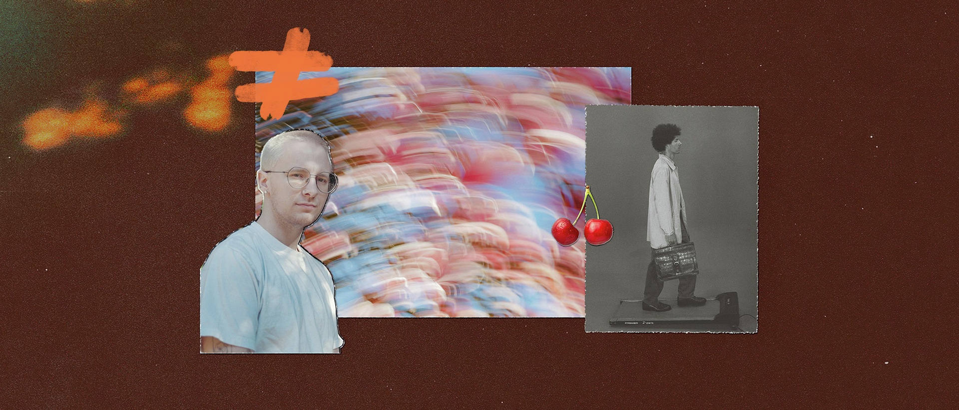 Collage aus zwei Porträts, einem Paar Kirschen und einem orangefarbenen Ungleichheitszeichen auf dunkelbraunem Hintergrund mit Lichteffekten.