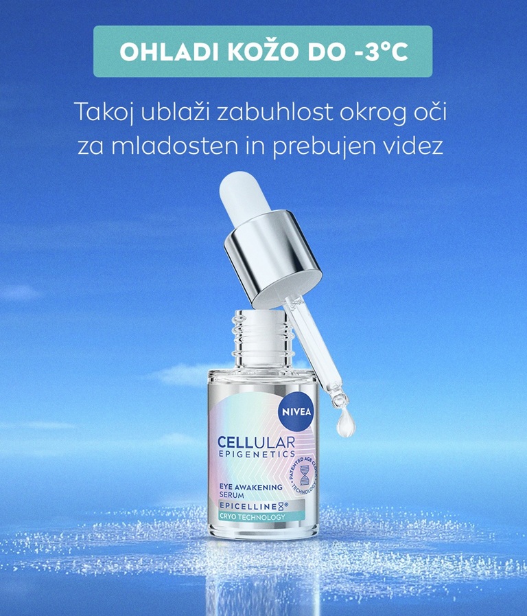 NIVEA CELLULAR Epigenetics serum za buden videz oči s pipeto, iz katere izhaja kapljica seruma, pred ledenim ozadjem.