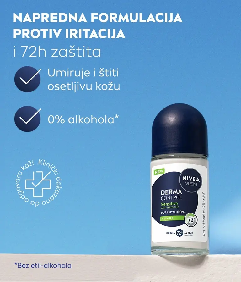 A hand holds up the NIVEA MEN Derma Control Sensitive Deo Roll-On against a sky background, with list of benefits.