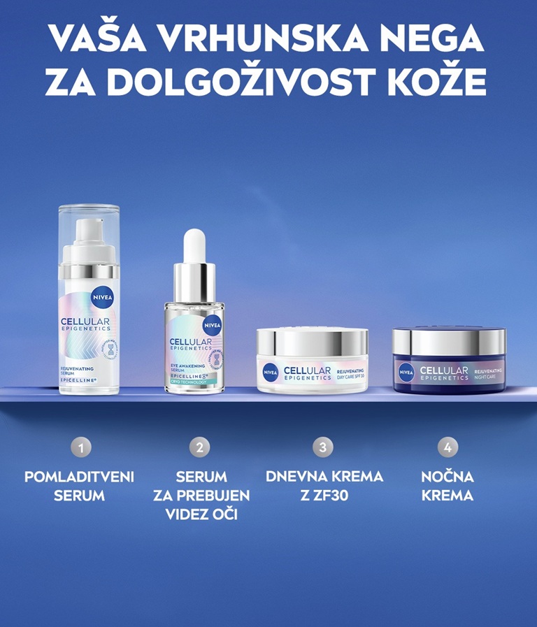 Linija izdelkov NIVEA CELLULAR Epigenetics pred pastelnim ozadjem neba.