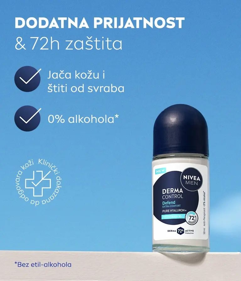 A young man smiles while lifting his arm and applying NIVEA MEN Derma Control Defend Deo Roll-On.