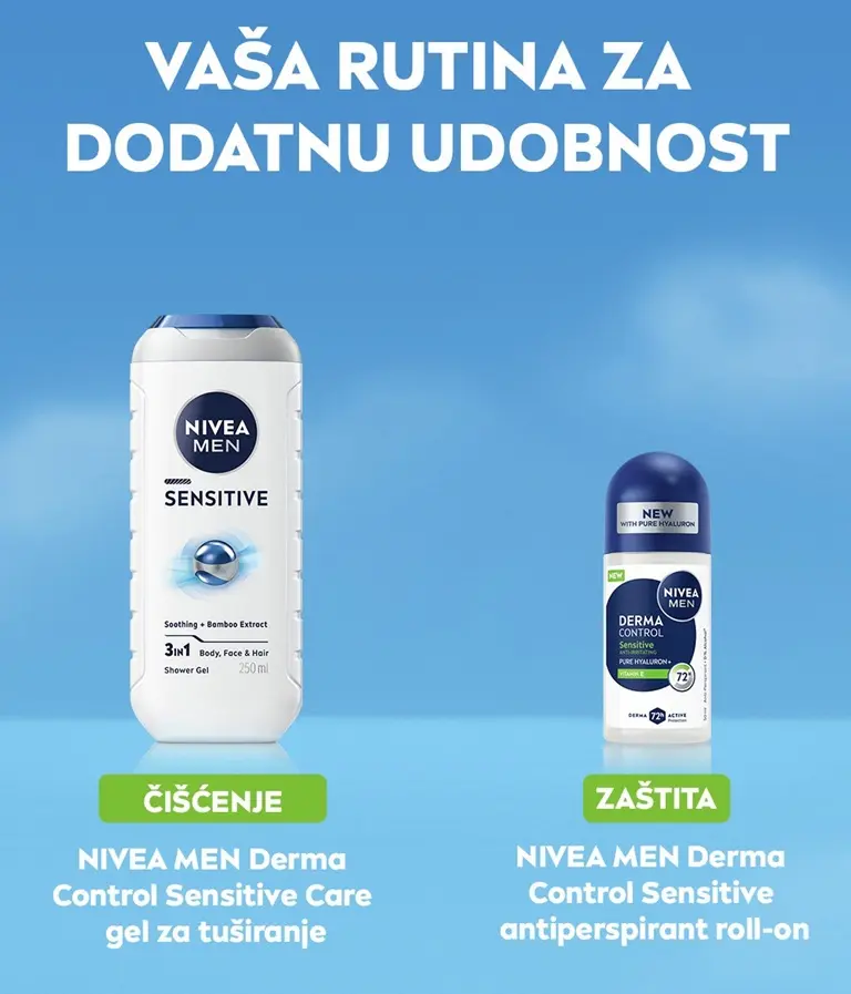 A hand holds up the NIVEA MEN Derma Control Sensitive Deo Roll-On against a sky background, with list of benefits.