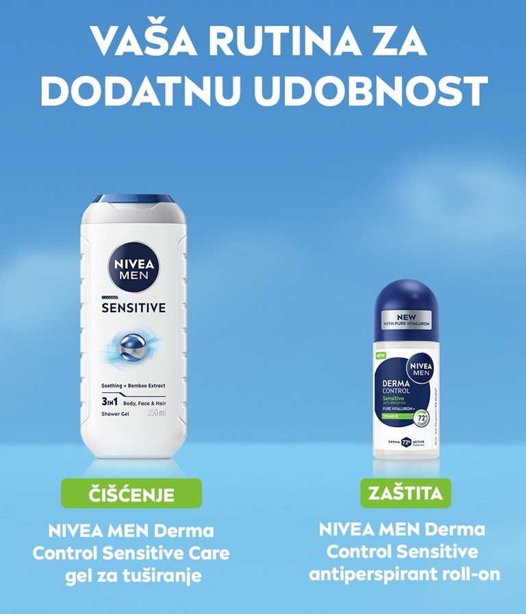 A hand holds up the NIVEA MEN Derma Control Sensitive Deo Roll-On against a sky background, with list of benefits.