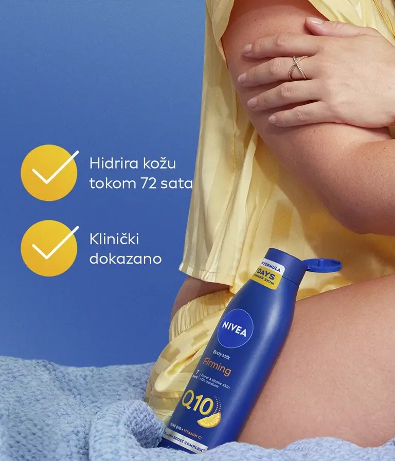 A woman sits while holding her arms, featured next to NIVEA Q10 Firming Body Milk 400 ML