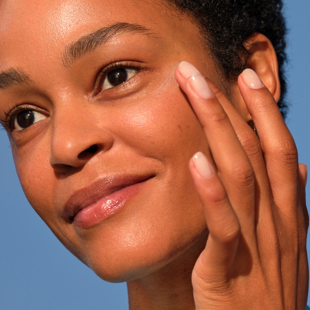 Close up of a woman's face with combination skin