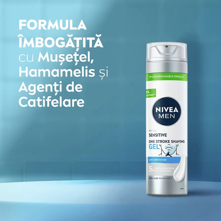 NIVEA MEN Sensitive Daily Protect Moisturiser with a list of benefits against a teal sky background.