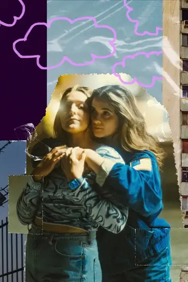 Künstlerische Collage: Zwei junge Frauen halten sich in einer engen Umarmung vor dem Hintergrund eines hohen Plattenbaus. Umgeben von grafischen Elementen wie lila Wolken, einem Smiley und Stacheldraht, die den Kontrast zwischen Nähe und urbaner Härte betonen.
