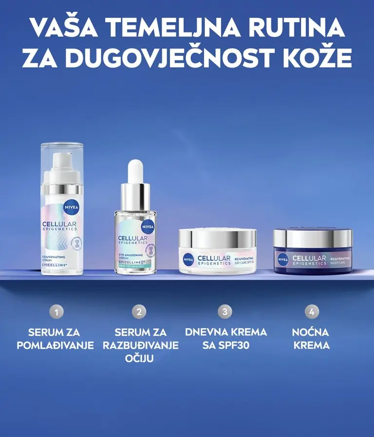 Linija proizvoda NIVEA CELLULAR Epigenetics na pozadini neba pastelnih boja.