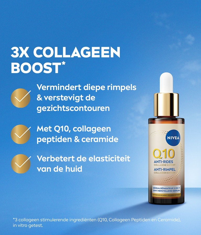 NIVEA Q10 Anti-Rimpel Collagen Expert 3-in-1 Herstellend Serum tegen een luchtachtergrond, en een lijst van productvoordelen.