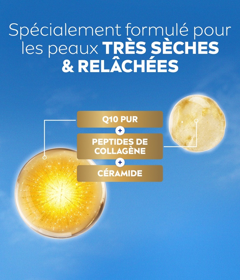 Molécules d’ingrédients dorées et lumineuses représentant le Q10 pur, les peptides de collagène et la céramide, avec les noms des ingrédients affichés.