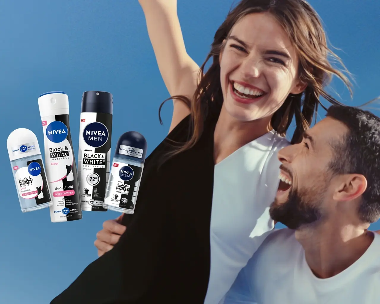 Smiling man and woman enjoying together next to a display of different deodorants
