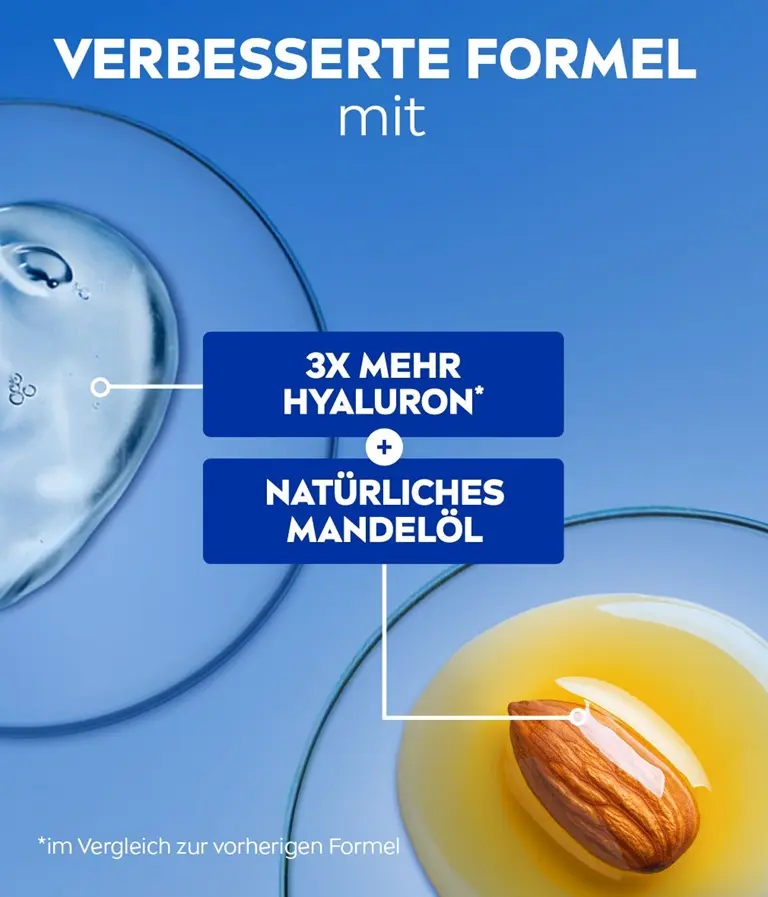 Zwei Glasschalen mit Hyaluron-Flüssigkeit und natürlichem Mandelöl vor blauem Hintergrund.