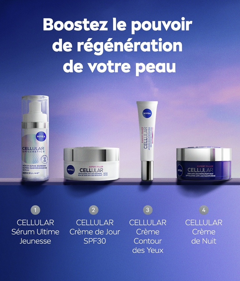 Une présentation de 4 produits NIVEA CELLULAR à côté du texte : « BOOSTEZ LE POUVOIR DU RAJEUNISSEMENT DE VOTRE PEAU ».