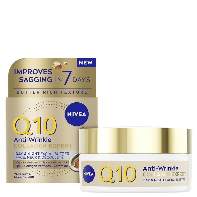Jar and gold box of NIVEA Q10 Anti-Wrinkle Collagen Expert Day & Night Facial Butter for very dry skin