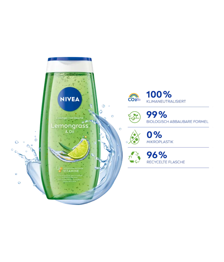 NIVEA Duschgel Lemongrass & Oil Klimagrafik mit Produktabbildung