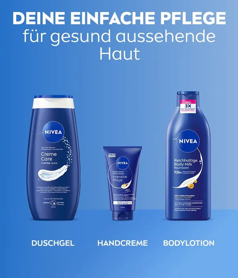 Eine Auswahl an NIVEA-Pflegeprodukten vor blauem Hintergrund: Duschgel, Handcreme und Body Serum Lotion.