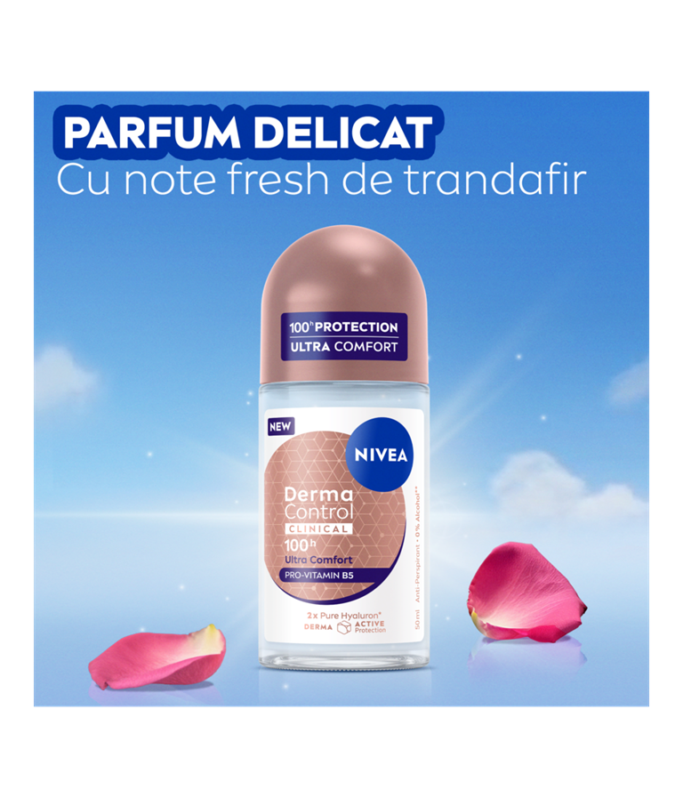 NIVEA Derma Control Clinical Ultra Comfort Roll-On highlighting 100H protection, Pure Hyaluron, Pro-Vitamin B5, anti-itchiness and 0% alcohol.